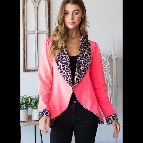1X-3X Elle Pink Leopard Print Open Shawl Blazer-Host Pick - Picture 10 of 12